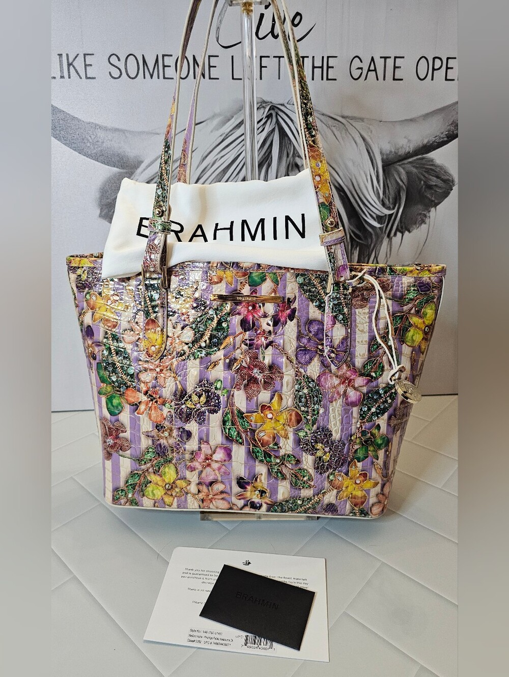 NWT Brahmin Medium Asher Pinstripe Petals Floral Leather Tote Bag